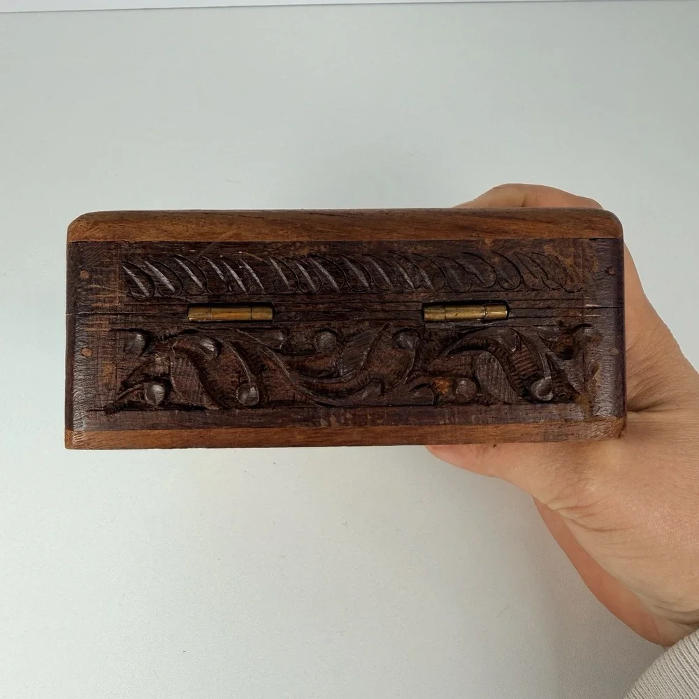 Hand Carved Wooden Jewelry Box Vintage Floral Inlay India Trinket Box